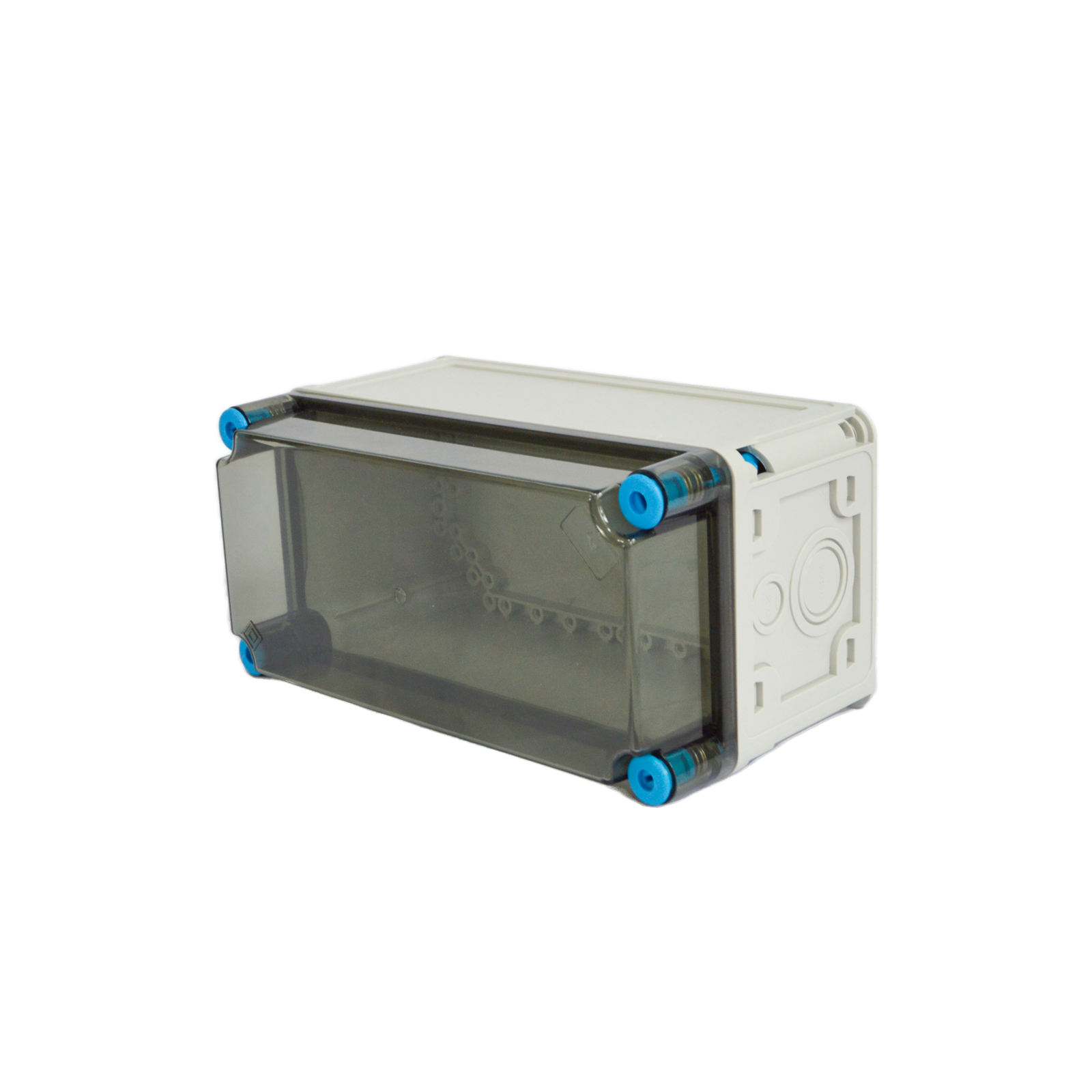 Transparent cover PC distribution box for visible electrical inspection and protected component access