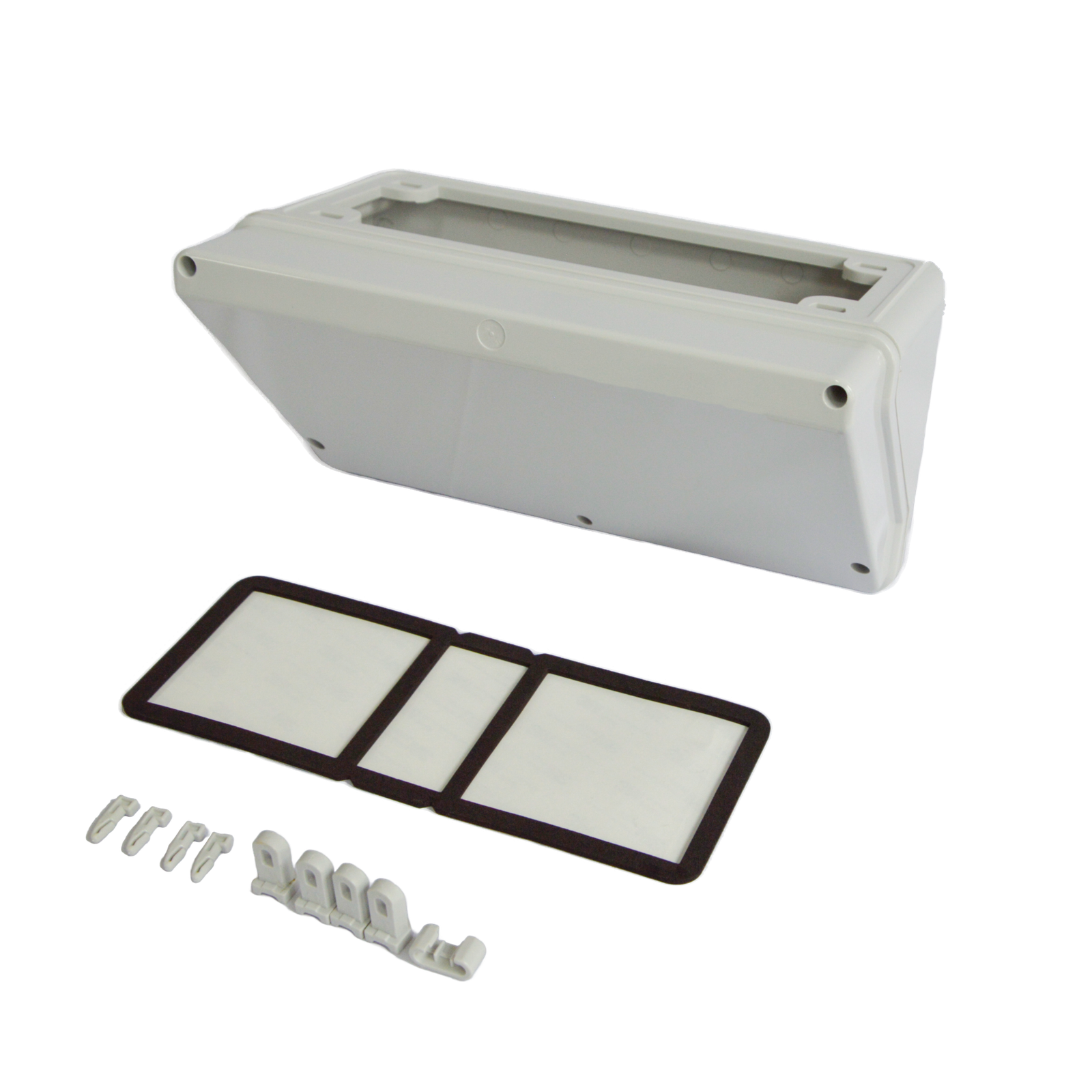 Accessory matching image showing PC distribution box with DIN rail, back plate, and metal bracket